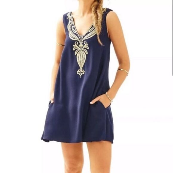 Lilly Pulitzer Owen Dress Size S Trapeze Shift Embroidered Blue Gold Embellished - Picture 1 of 14